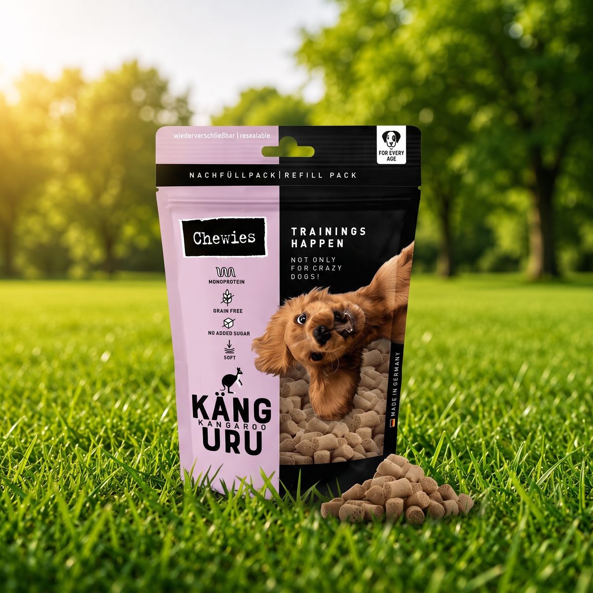 Chewies Trainings-Happen kenguru jutalomfalat 175 g fűben | Chewies kangaroo training treats 175 g on grass