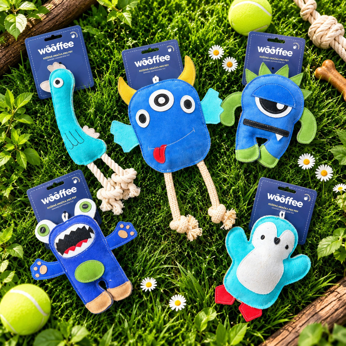 Wooffee színes bőr kutyajátékok fűben – szörnyek, csirke, pingvin | Wooffee colourful leather dog toys on grass
