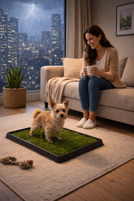 Kutya nyugodtan pihen otthon esténként, biztonságos szobában, tűzijáték idejére felkészülve