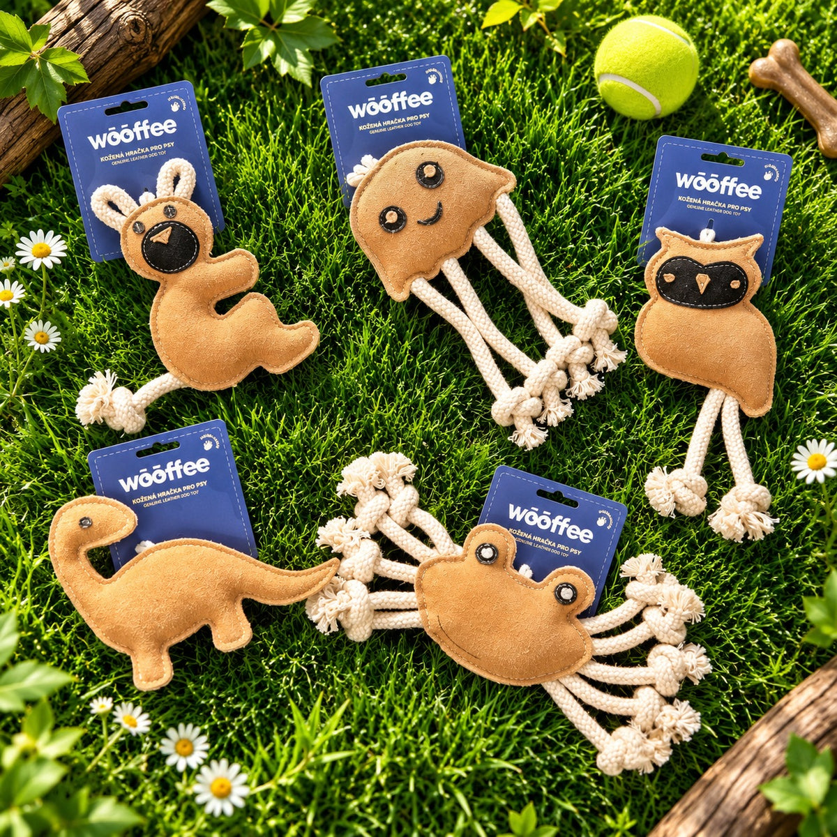 Wooffee natúr bőr kutyajátékok fűben – maci, medúza, bagoly, dínó, rák | Wooffee natural leather dog toys on grass